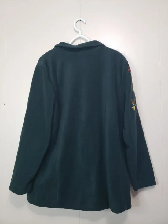 Bob Mackie Wearable Art  Women L Jacket Green Fleece Fall Leaf Embroidery Button - Picture 2 of 5